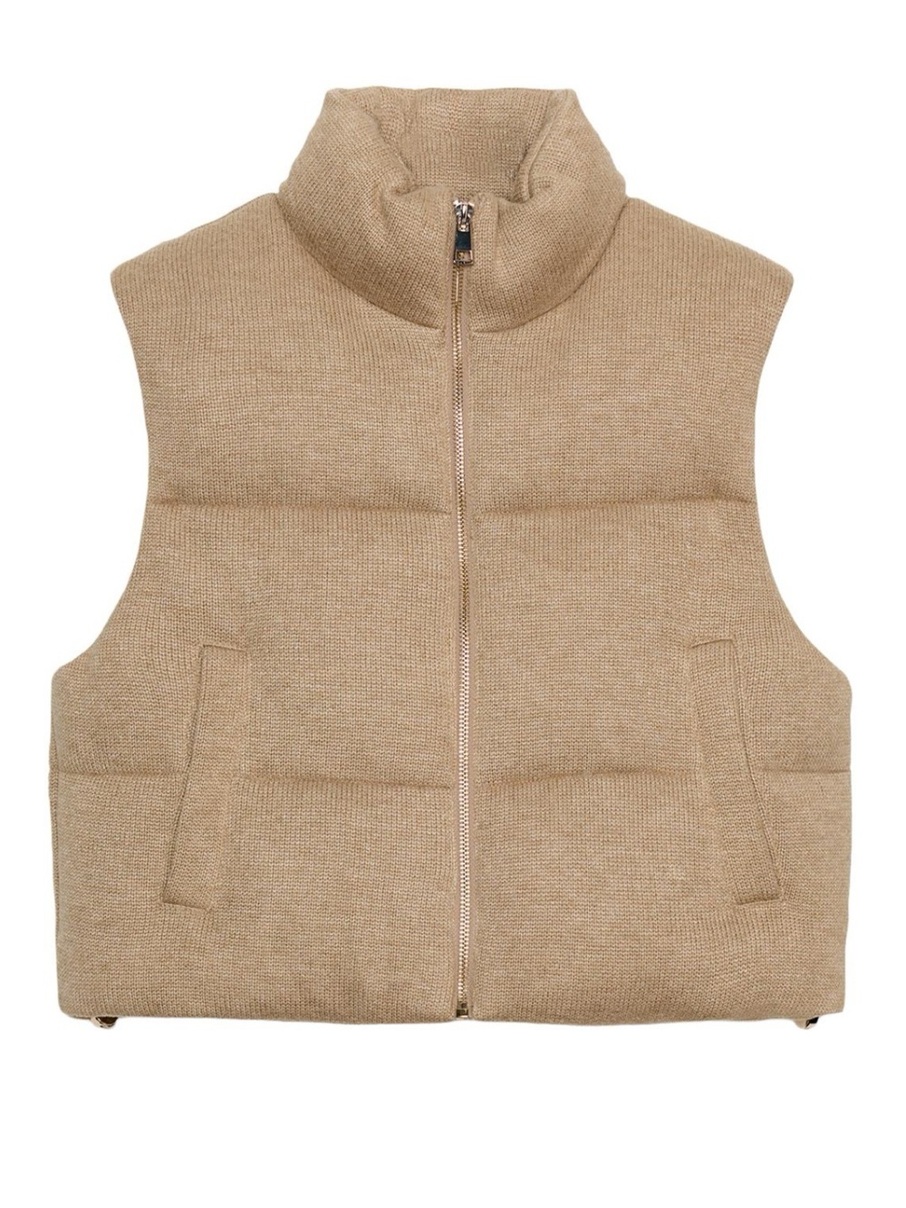 ZARA Beige Knit Puffer Vest XS Neutral Quiet Luxury Zip-Up Sleeveless Jacket
